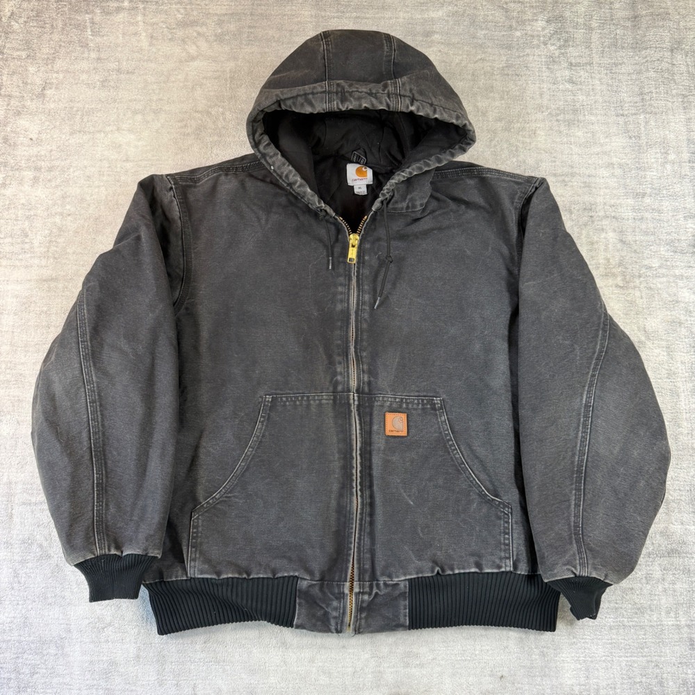 Carhartt Jacket Mens XL Black J130BLK Active Hooded Duck Canvas Quilted Lined